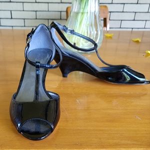 Fioni black patent leather t-strap wedge